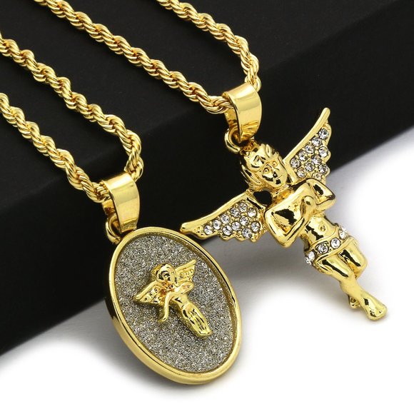 14k Gold Angel 2 Piece 30" and 24" Chain + Pendant